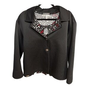 NWOT 2pc St John Black Ribbed Jacket w Print Trim & Sleeveless Red/Blk Top L/XL